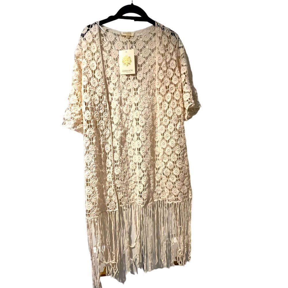 NWT Crochet‎ Fringe Cream Colored Cardigan Fringe, Floral, Comfortable, D21
